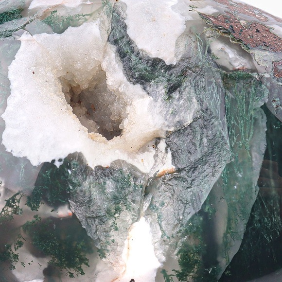 Moss Agate Druzy Geode Skull Carving - Picture 5 of 11